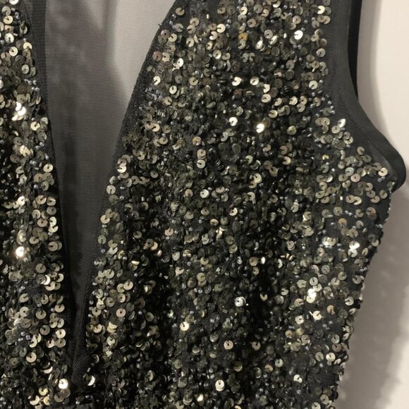 Forever 21 Black Sheer Plunge Mini Dress M – Silver Sequin Party Cocktail Dress - Picture 4 of 4